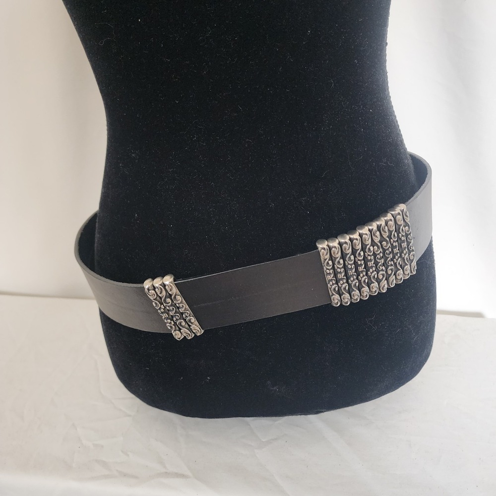 Albatros Made In Italy Wide Leather Belt Black Metal Embellishments 2" 32" - Picture 4 of 10